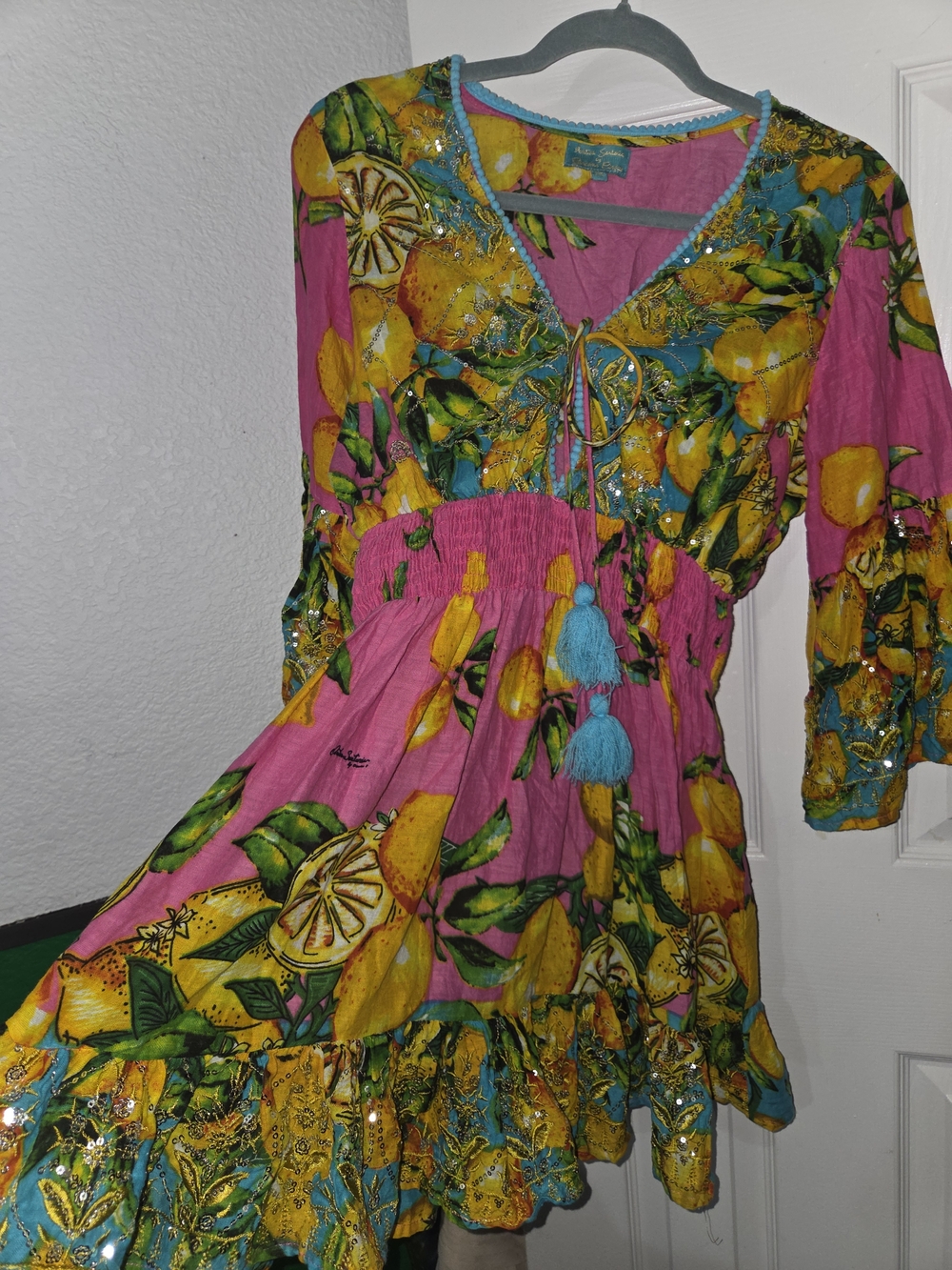 Giacomo Cinque Sequin Vibrant Pink Lemon-Print Mini Dress with Tassel Tie - Picture 9 of 12